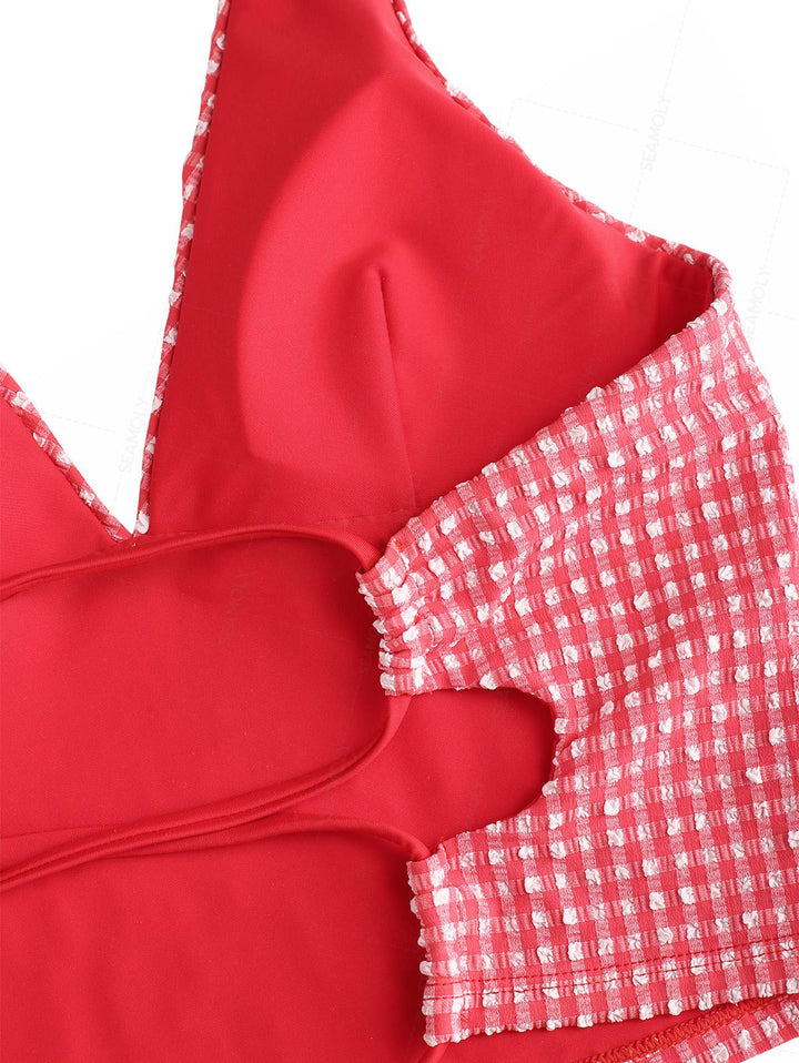 Seamolly Gingham Bowknot Lace Up Back Halter Tankini Set