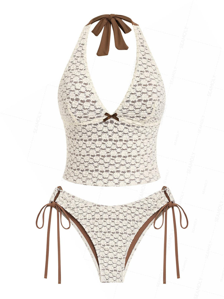 Seamolly Lace Jacquard Bowknot Lace Up Back Halter Tankini Set