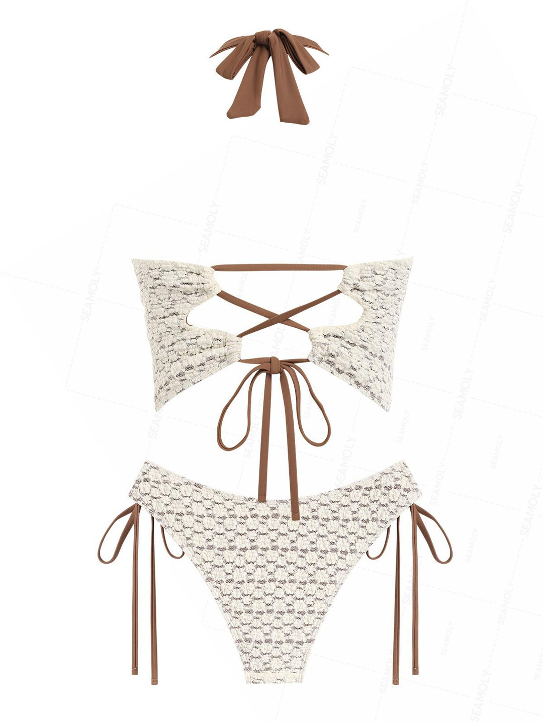 Seamolly Lace Jacquard Bowknot Lace Up Back Halter Tankini Set