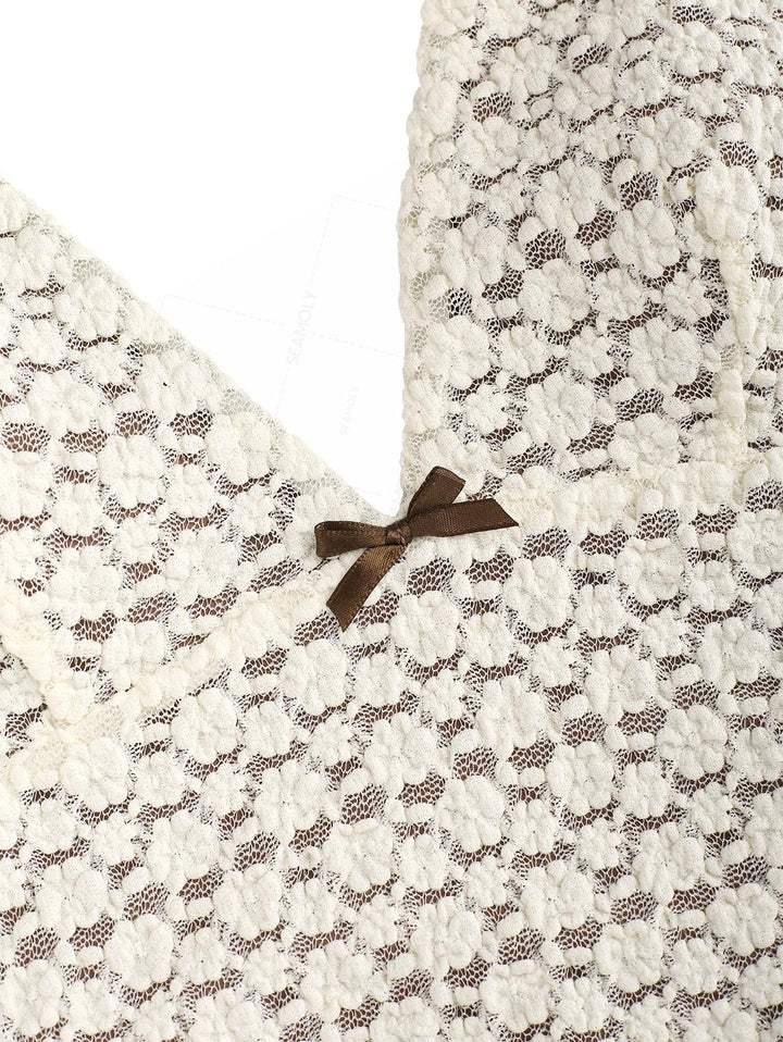 Seamolly Lace Jacquard Bowknot Lace Up Back Halter Tankini Set