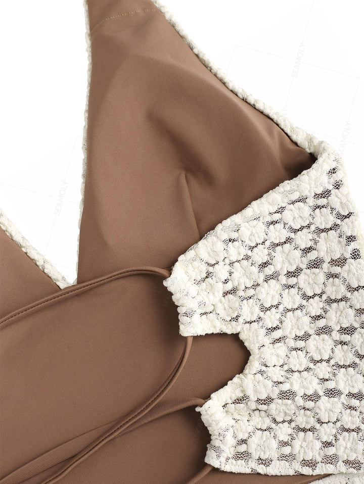 Seamolly Lace Jacquard Bowknot Lace Up Back Halter Tankini Set