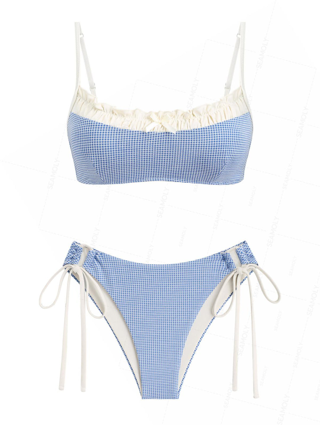 Seamolly Gingham Ruched Ruffles Bowknot Cinched Tie Side Bikini Set
