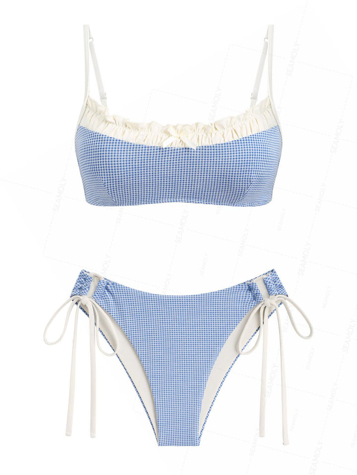 Seamolly Gingham Ruched Ruffles Bowknot Cinched Tie Side Bikini Set