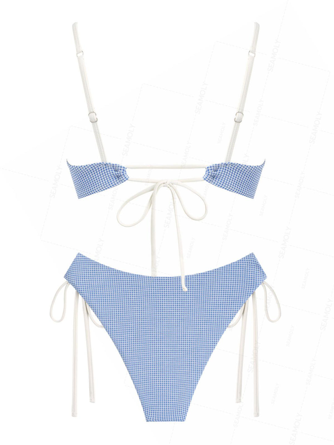 Seamolly Gingham Ruched Ruffles Bowknot Cinched Tie Side Bikini Set