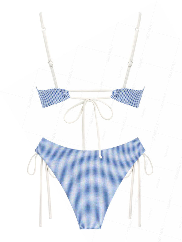 Seamolly Gingham Ruched Ruffles Bowknot Cinched Tie Side Bikini Set