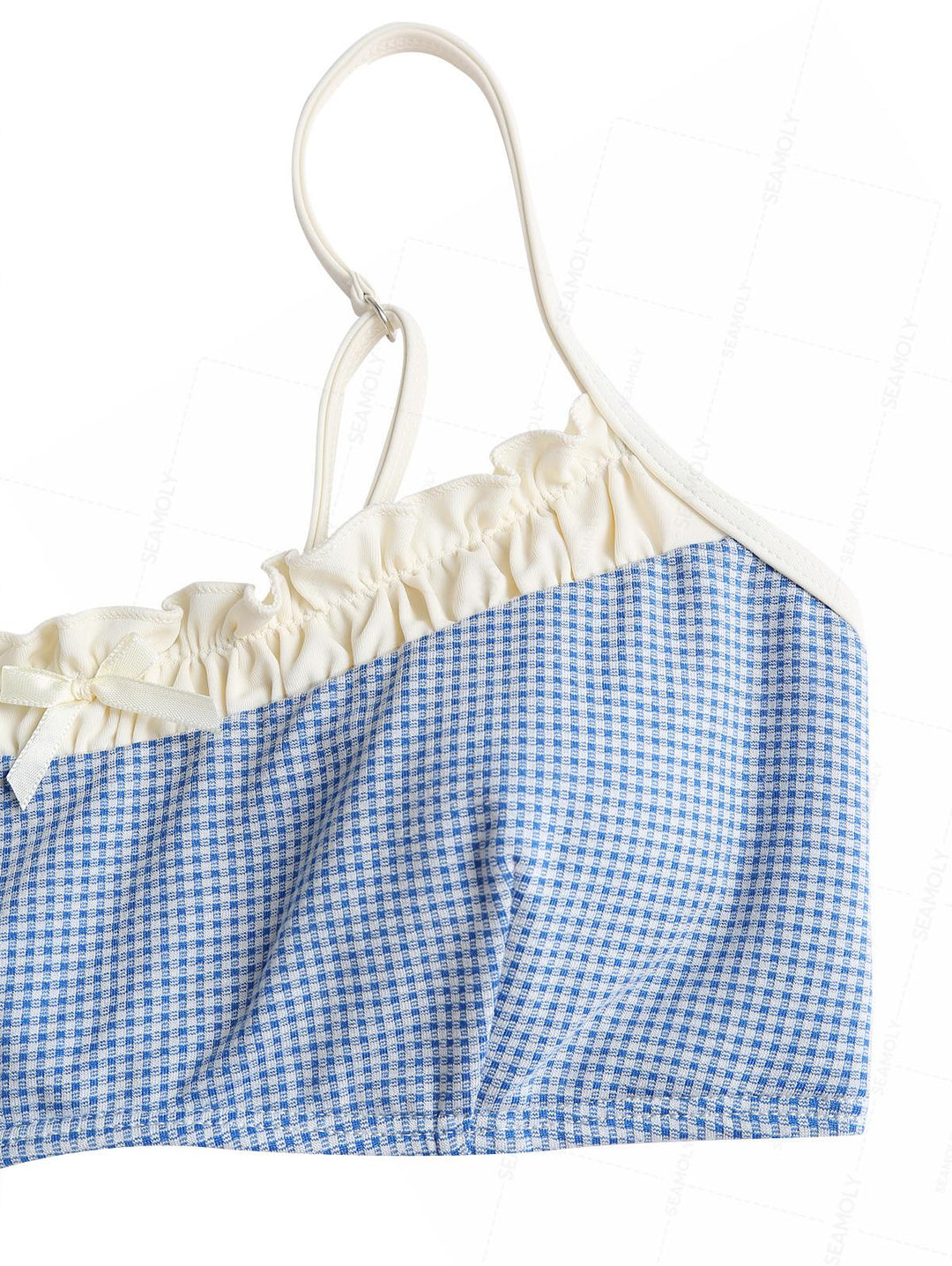 Seamolly Gingham Ruched Ruffles Bowknot Cinched Tie Side Bikini Set