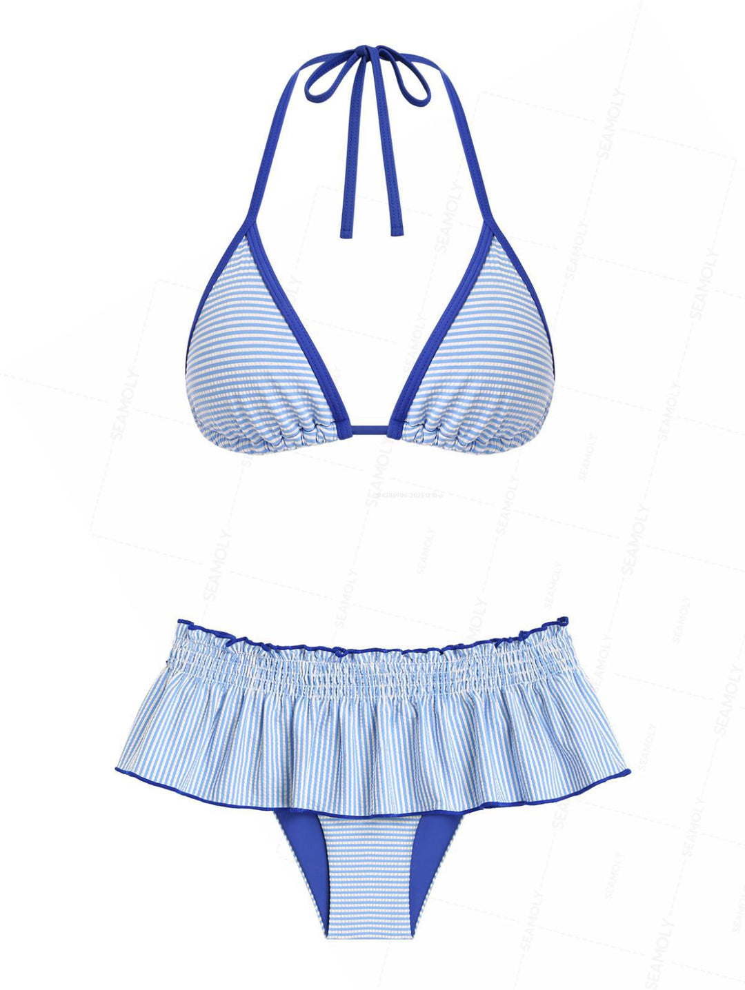 Seamolly Striped Smocked Ruffles Contrast Binding Skirtini Bikini Set