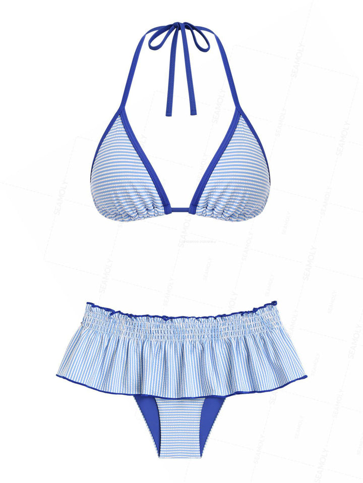 Seamolly Striped Smocked Ruffles Contrast Binding Skirtini Bikini Set