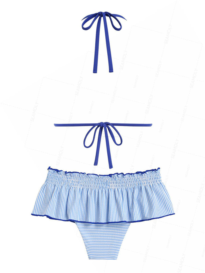 Seamolly Striped Smocked Ruffles Contrast Binding Skirtini Bikini Set
