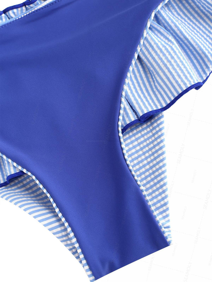 Seamolly Striped Smocked Ruffles Contrast Binding Skirtini Bikini Set