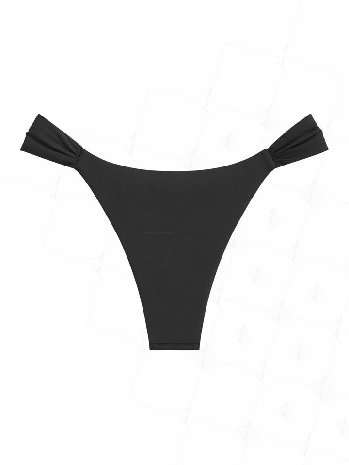 Black Solid Color Ruched Side High Leg Bikini Bottom