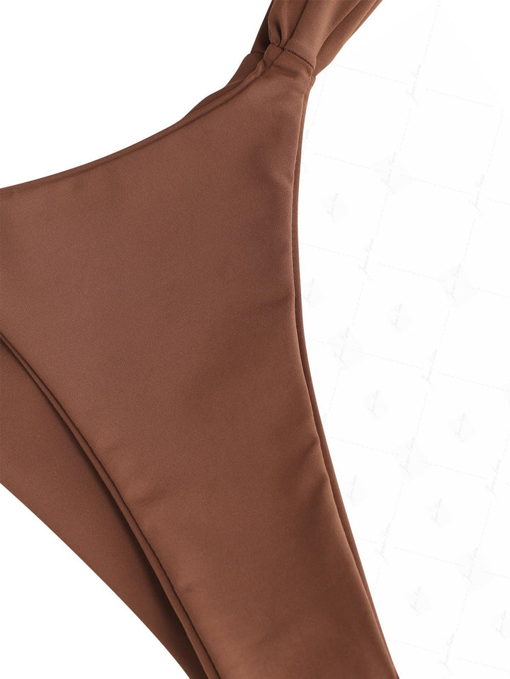 Brown Solid Color Ruched Side High Leg Bikini Bottom