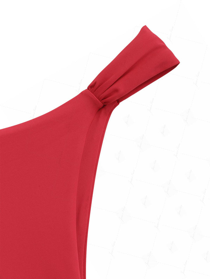 Janex Red Solid Color Ruched Wide Straps Triangle High Leg Bikini Set