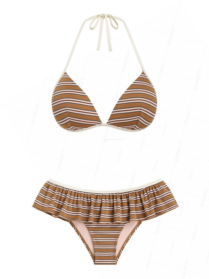 Seamolly Striped Ribbed Hard Cups Support Peplum Skirtini Bikini Set