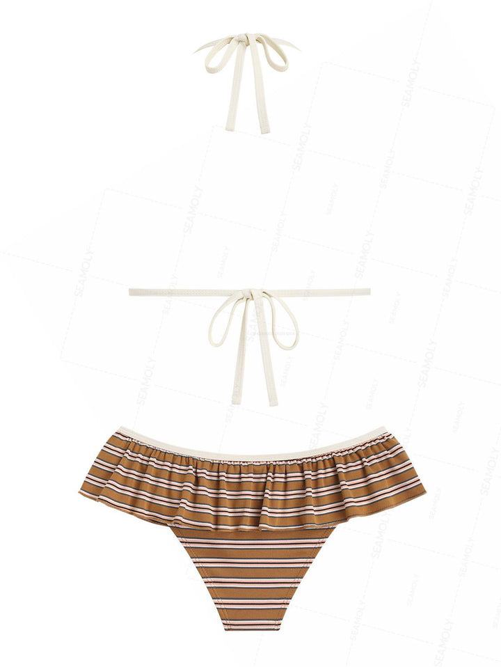 Seamolly Striped Ribbed Hard Cups Support Peplum Skirtini Bikini Set