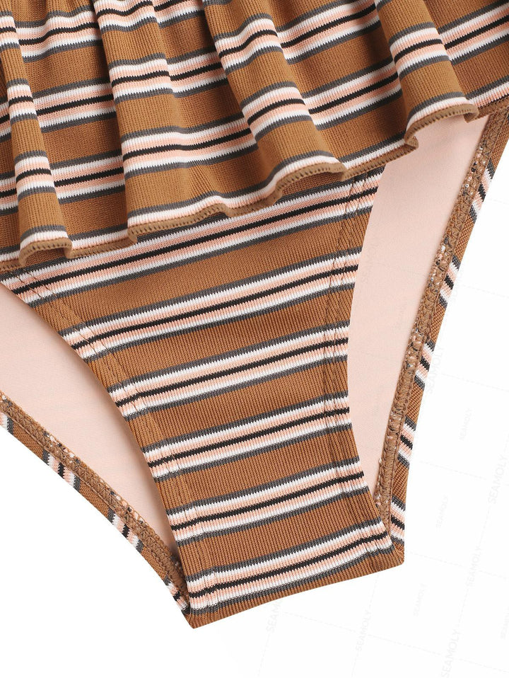 Seamolly Striped Ribbed Hard Cups Support Peplum Skirtini Bikini Set