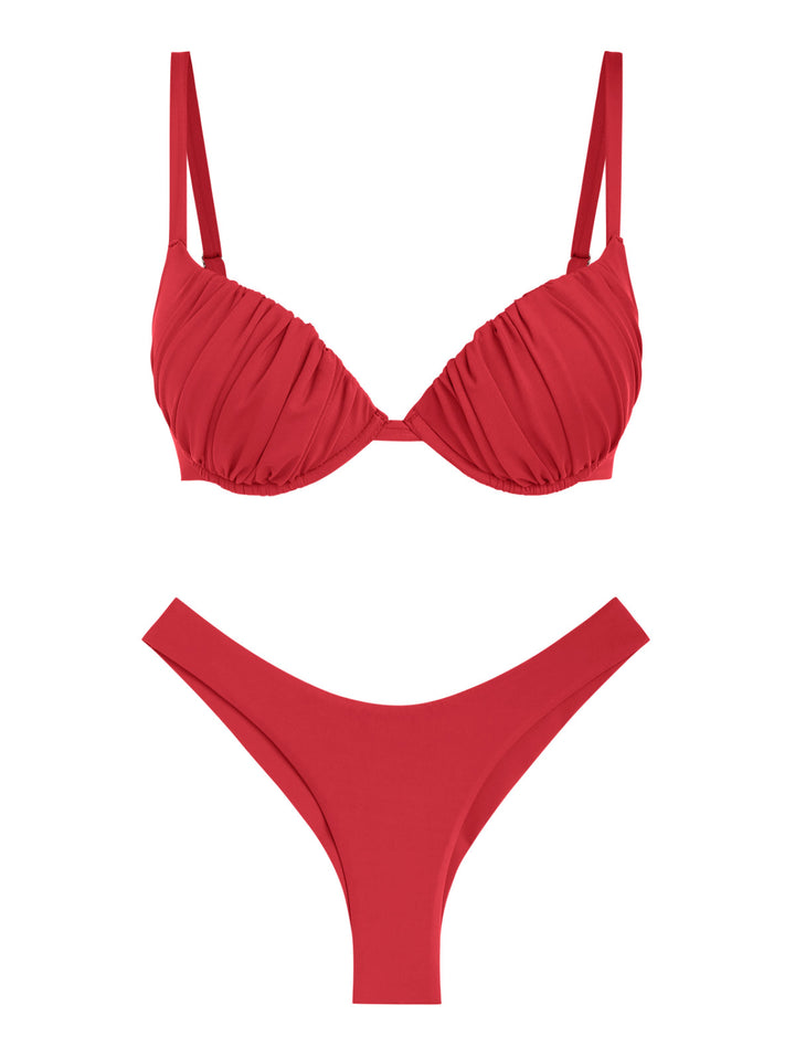 Seamolly Sexy Solid Color Ruched Underwire Push Up Bikini Set
