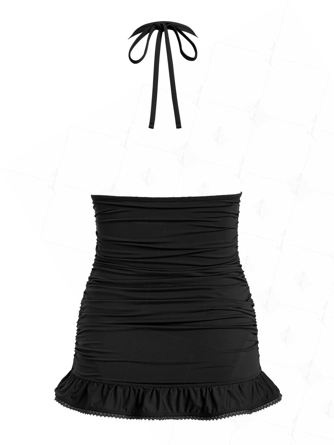 Black Solid Color Ruched Ruffles Halter Tied Skirted One-piece Swimsuit