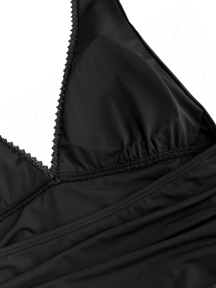 Black Solid Color Ruched Ruffles Halter Tied Skirted One-piece Swimsuit