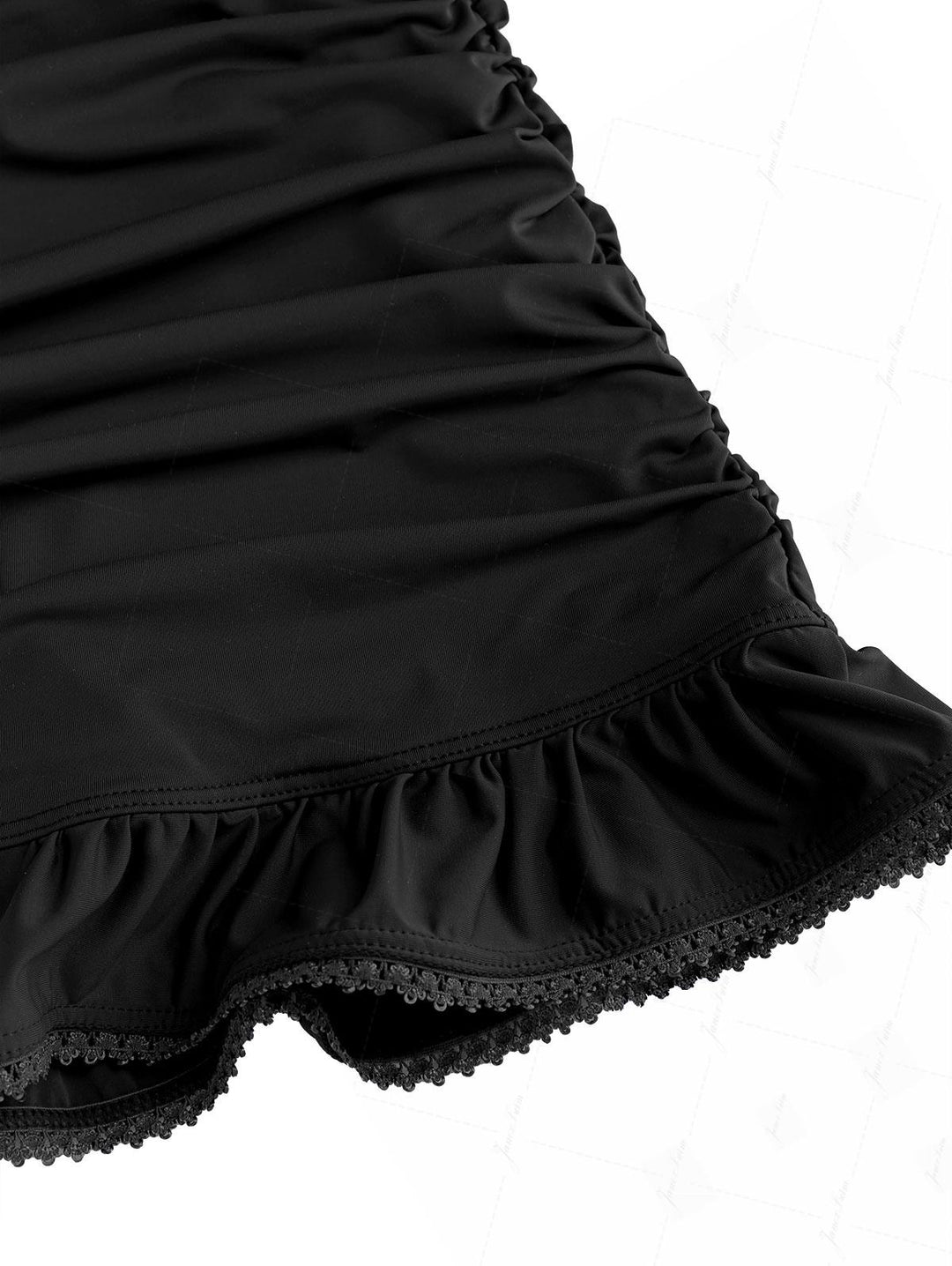 Black Solid Color Ruched Ruffles Halter Tied Skirted One-piece Swimsuit