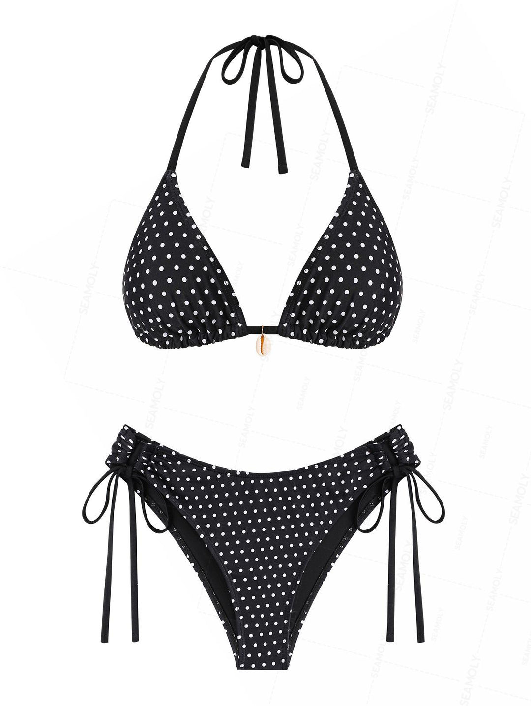 Seamolly Polka Dot Shell Decor Cinched Tied Hipster Bikini Set