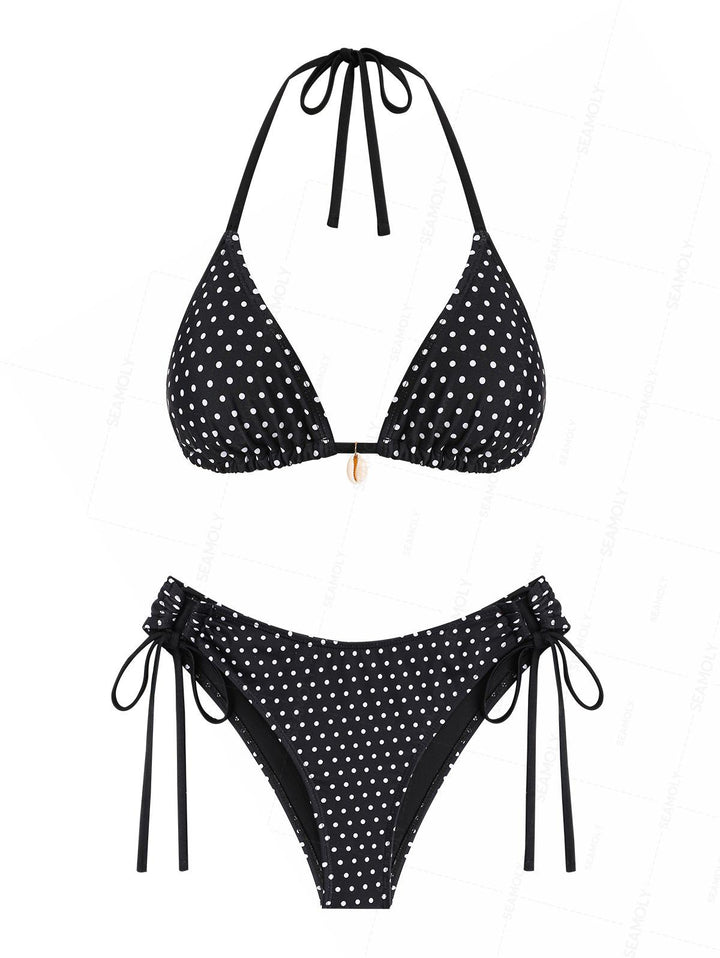 Seamolly Polka Dot Shell Decor Cinched Tied Hipster Bikini Set