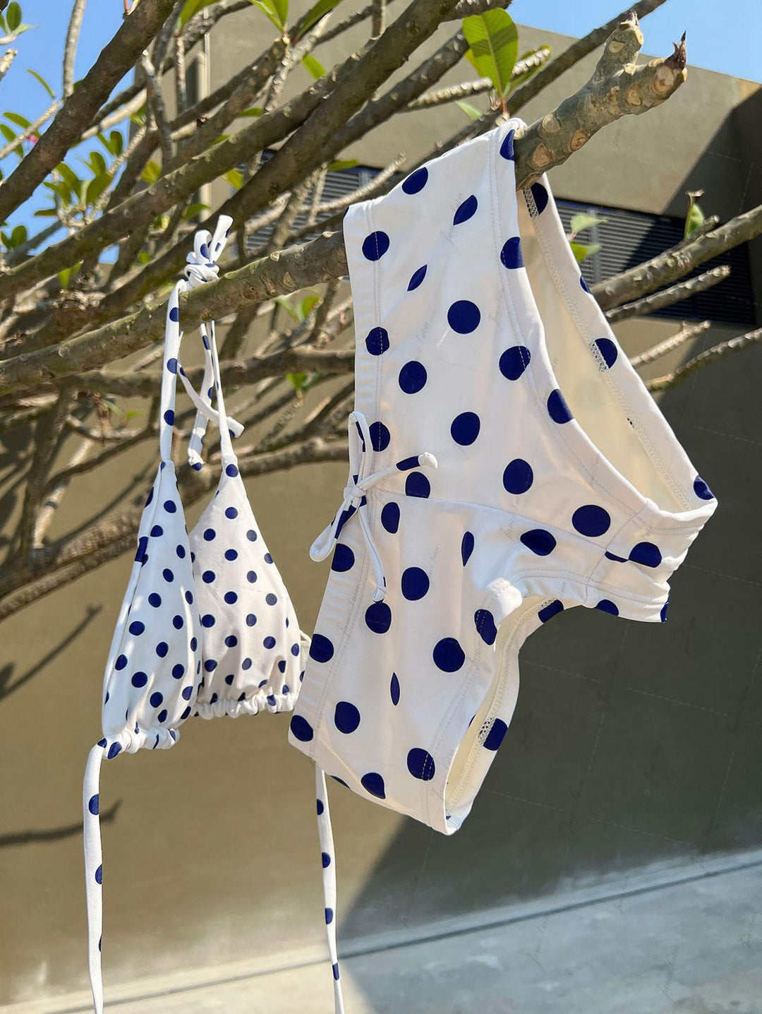 Janexswim Crystal Cream Vintage Polka Dot Print Reversible Halter Triangle Bikini Top