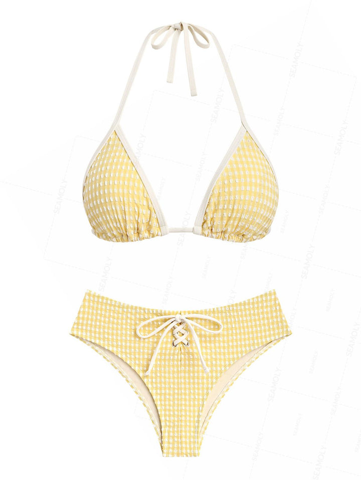 Seamolly Gingham Textured Grommet Lace Up Full Coverage Bikini Set