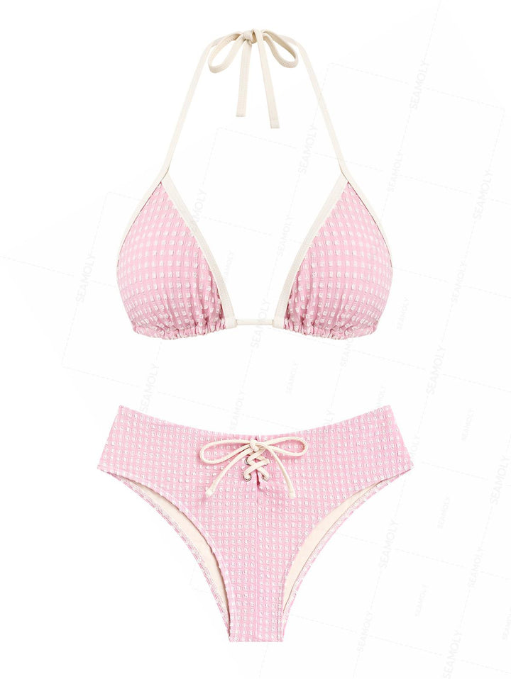 Seamolly Vintage Gingham Textured Grommet Lace Up Full Coverage Bikini Set