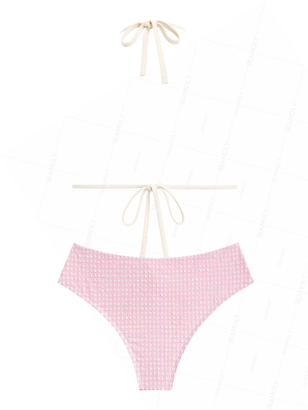 Seamolly Vintage Gingham Textured Grommet Lace Up Full Coverage Bikini Set