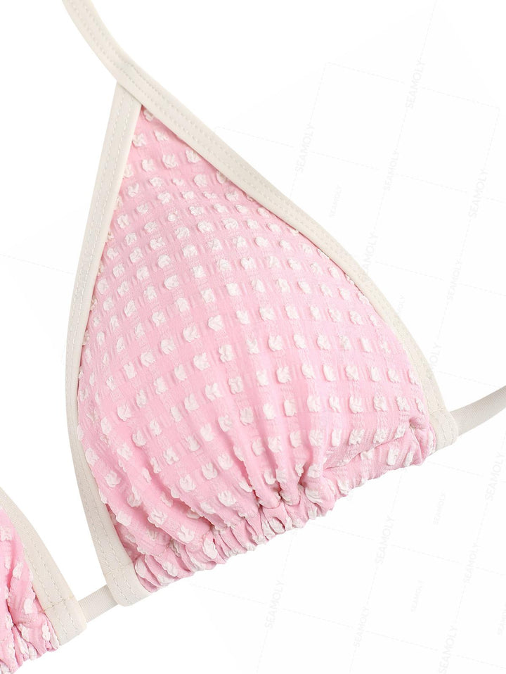 Seamolly Vintage Gingham Textured Grommet Lace Up Full Coverage Bikini Set