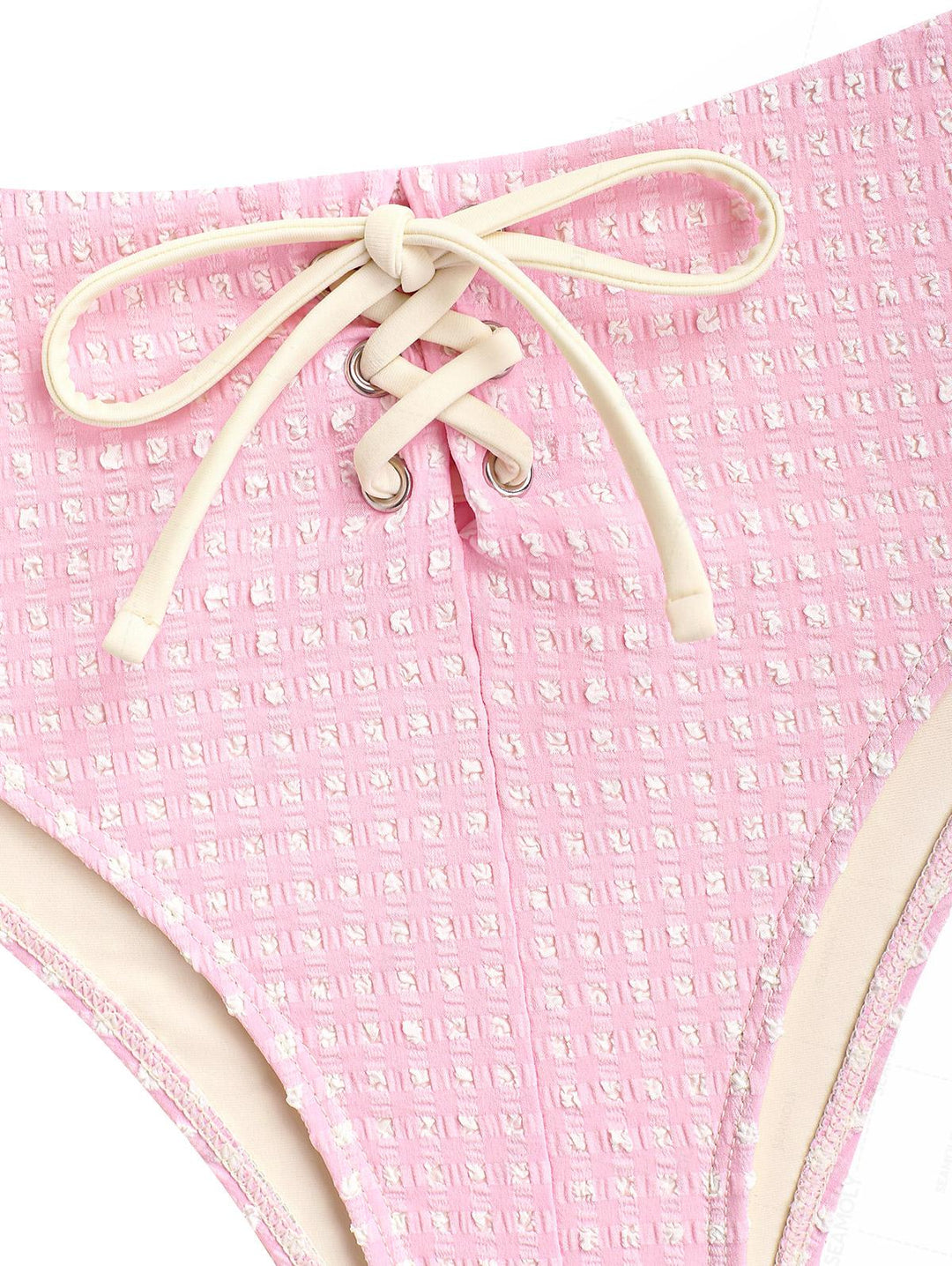 Seamolly Vintage Gingham Textured Grommet Lace Up Full Coverage Bikini Set