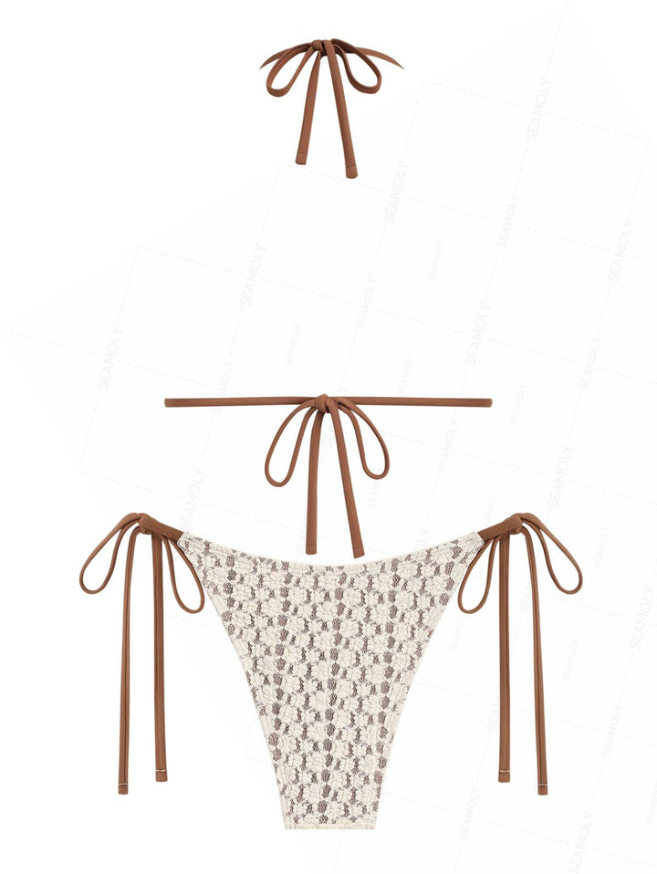 Seamolly Contrast Color Lace Shell Decor Halter Triangle Bikini Set