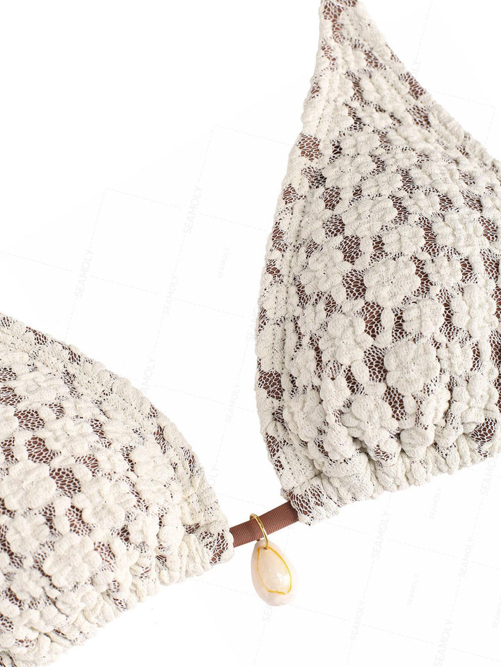 Seamolly Contrast Color Lace Shell Decor Halter Triangle Bikini Set