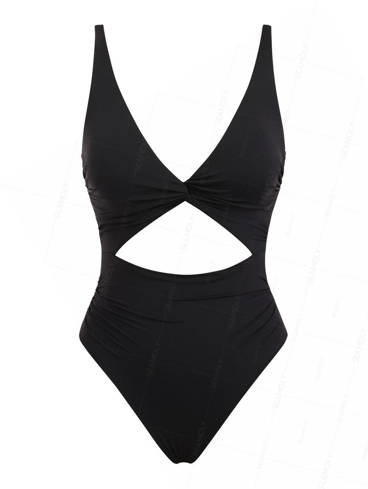 Seamolly Solid Color Twisted Cutout Ruched Tummy Control One-piece Swimsuit