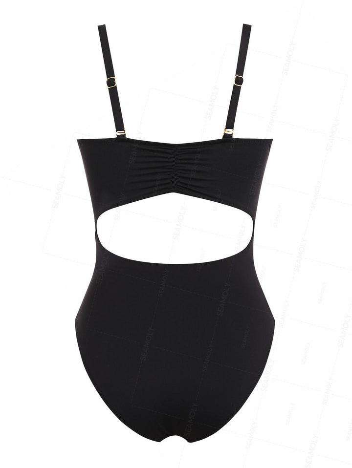 Seamolly Solid Color Twisted Cutout Ruched Tummy Control One-piece Swimsuit