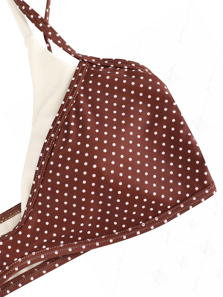 Janex Brown Polka Dot Print Tie Side Double Layer Bikini Set