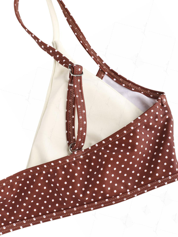 Janex Brown Polka Dot Print Tie Side Double Layer Bikini Set