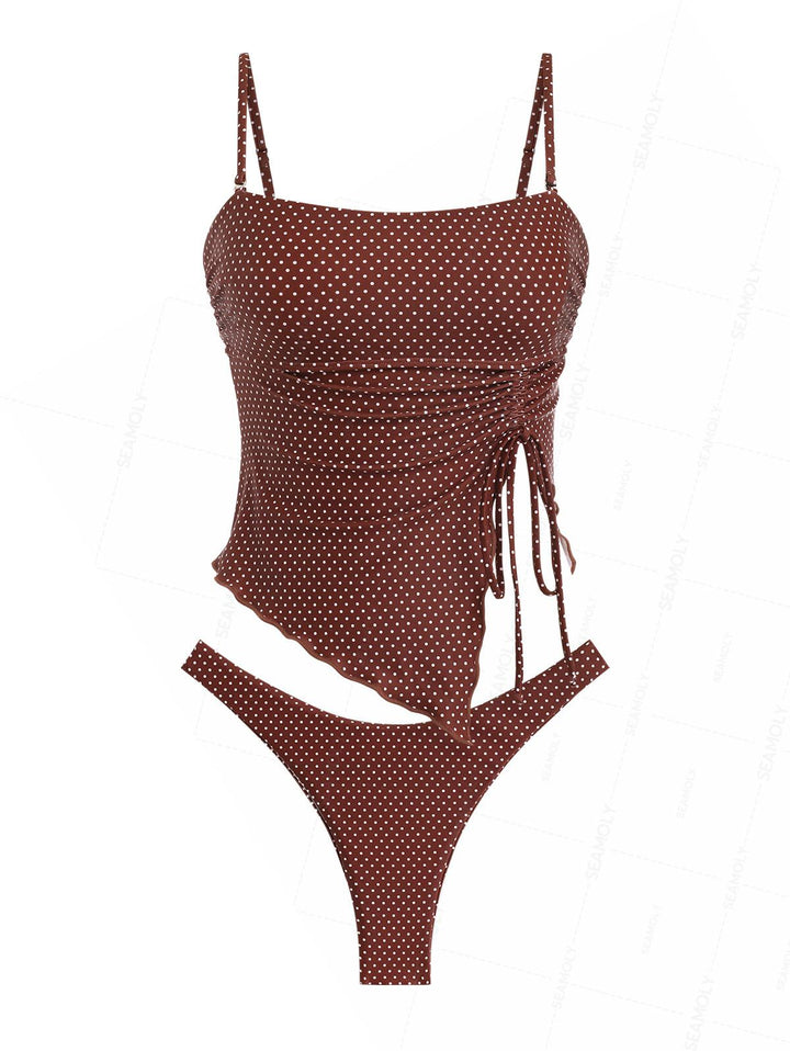 Seamolly Polka Dot Asymmetrical Hem Cinched Cheeky Cami Tankini Set