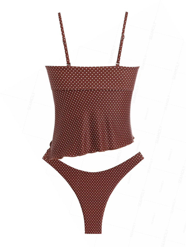 Seamolly Polka Dot Asymmetrical Hem Cinched Cheeky Cami Tankini Set