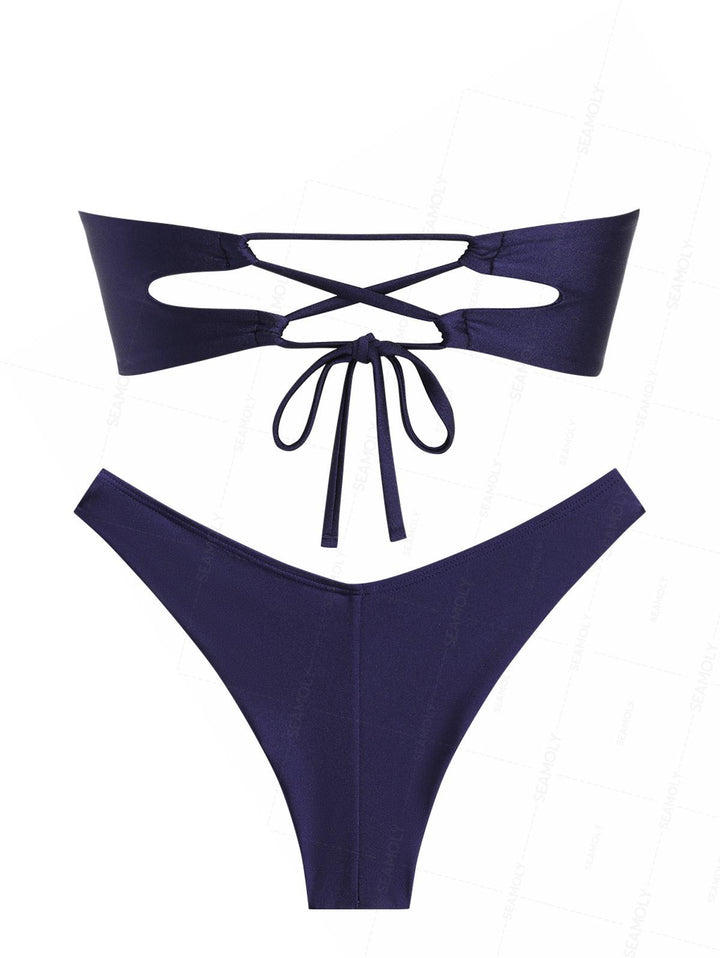 Seamolly Vintage Ruched U-ring Metal Lace Up Bandeau Top & Brazilian Bottom Bikini Set