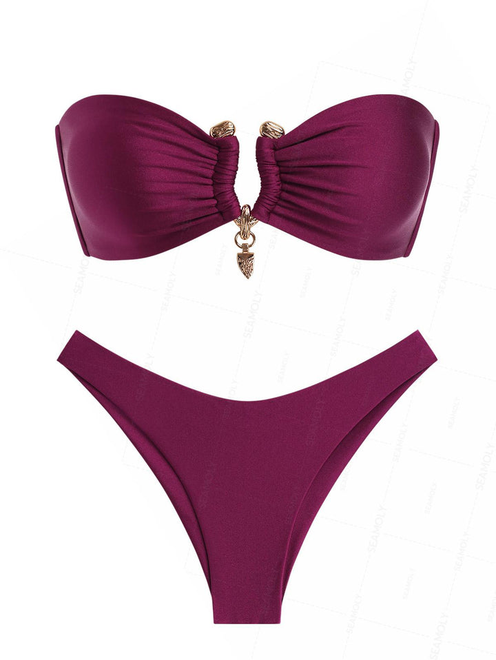 Seamolly Vintage Ruched U-ring Metal Lace Up Bandeau Top & Brazilian Bottom Bikini Set