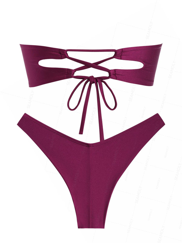 Seamolly Vintage Ruched U-ring Metal Lace Up Bandeau Top & Brazilian Bottom Bikini Set