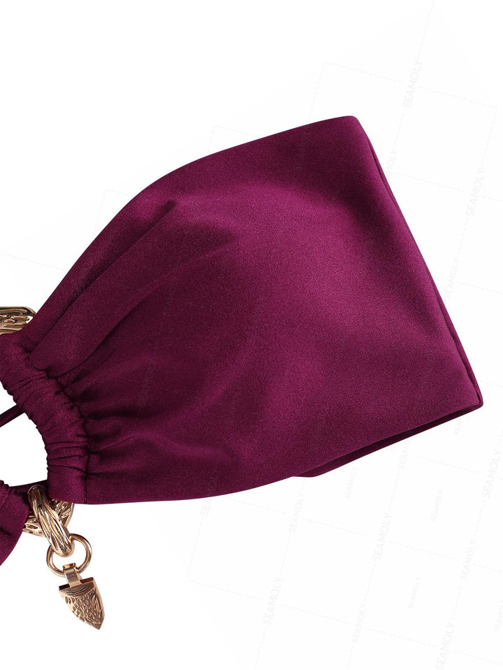 Seamolly Vintage Ruched U-ring Metal Lace Up Bandeau Top & Brazilian Bottom Bikini Set