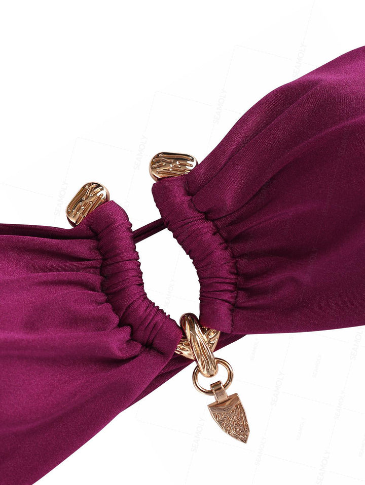 Seamolly Vintage Ruched U-ring Metal Lace Up Bandeau Top & Brazilian Bottom Bikini Set