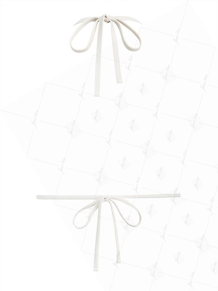 Light Pink Striped Ruffles Trim Contrast Binding Halter Triangle Bikini Top