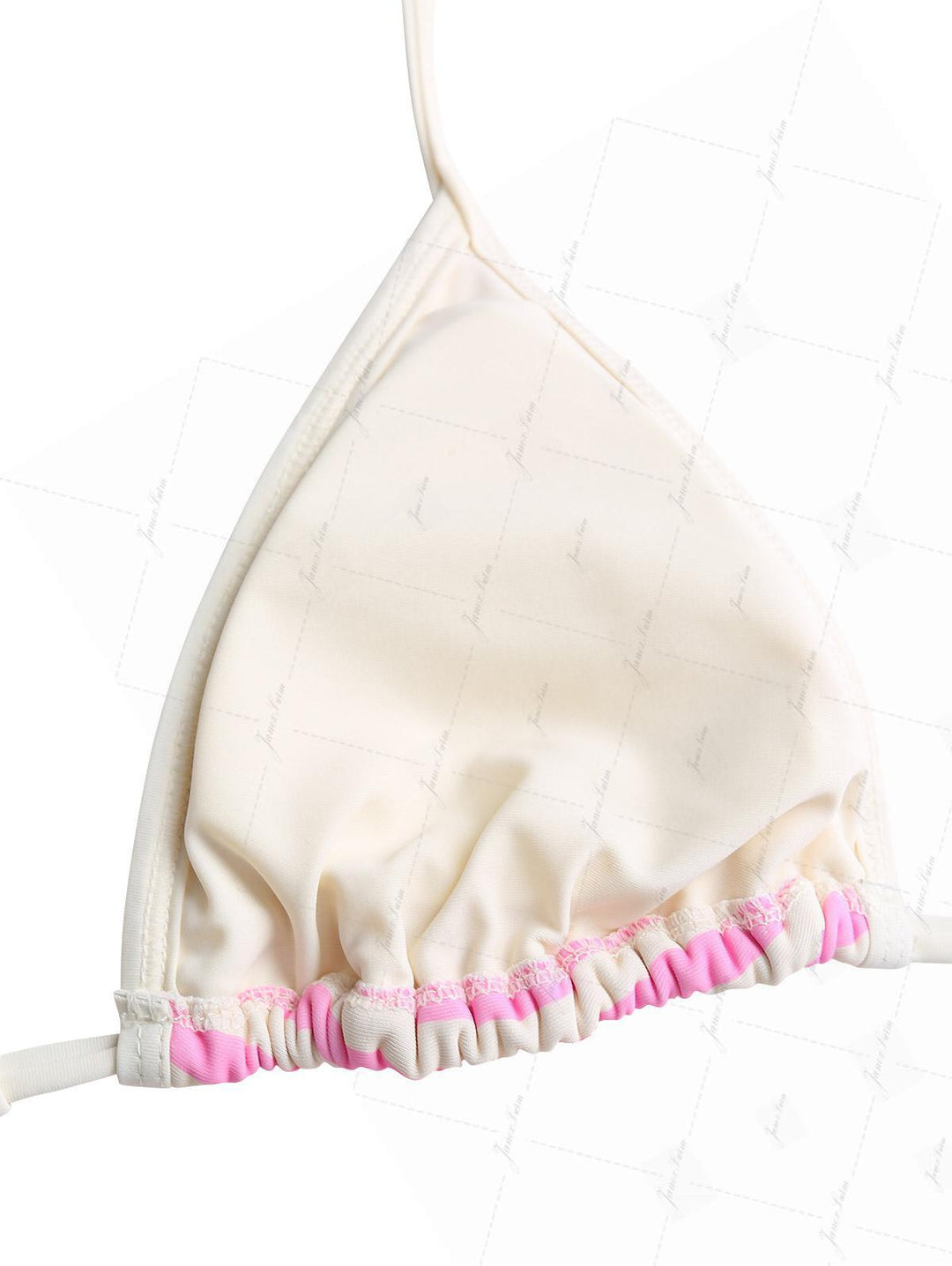 Light Pink Striped Ruffles Trim Contrast Binding Halter Triangle Bikini Top
