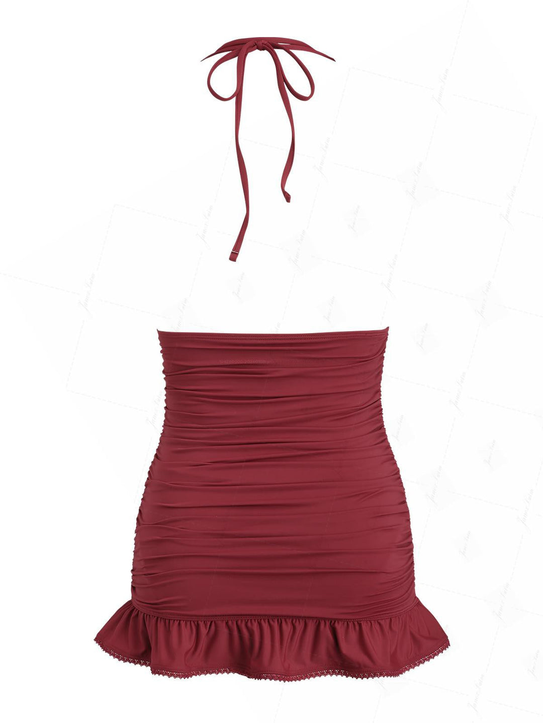 Red Wine Vintage Ruched Lace Peplum Hem Halter Tied One-piece Swimsuit