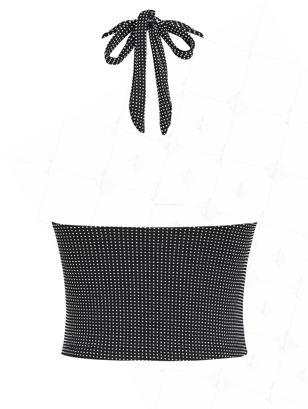 Black Pin Dot Jacquard Fabric Plunging Neck Halter Tied Tankini Top
