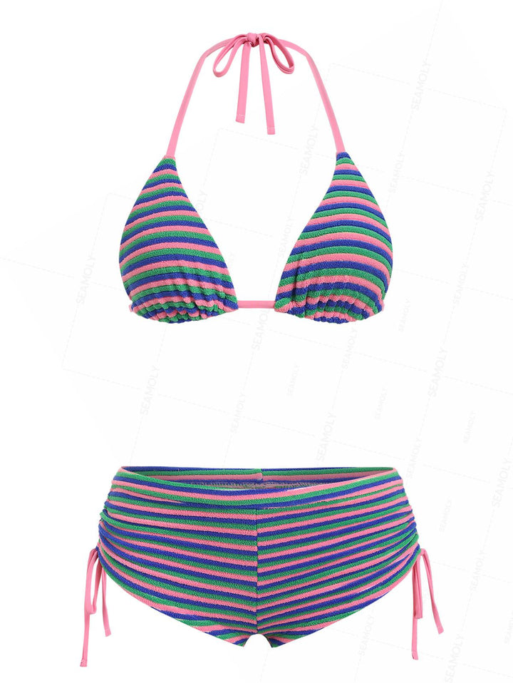 Seamolly Terry Cloth Toweling Striped Cinched Boyshorts Bikini Set